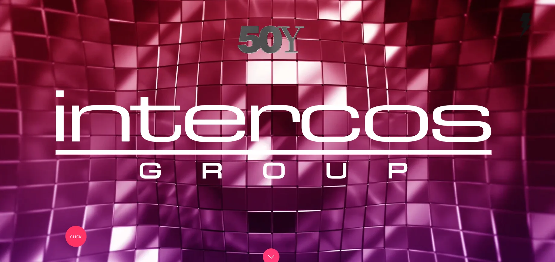 Intercos Group logo with 50th anniversary text on a red geometric background.